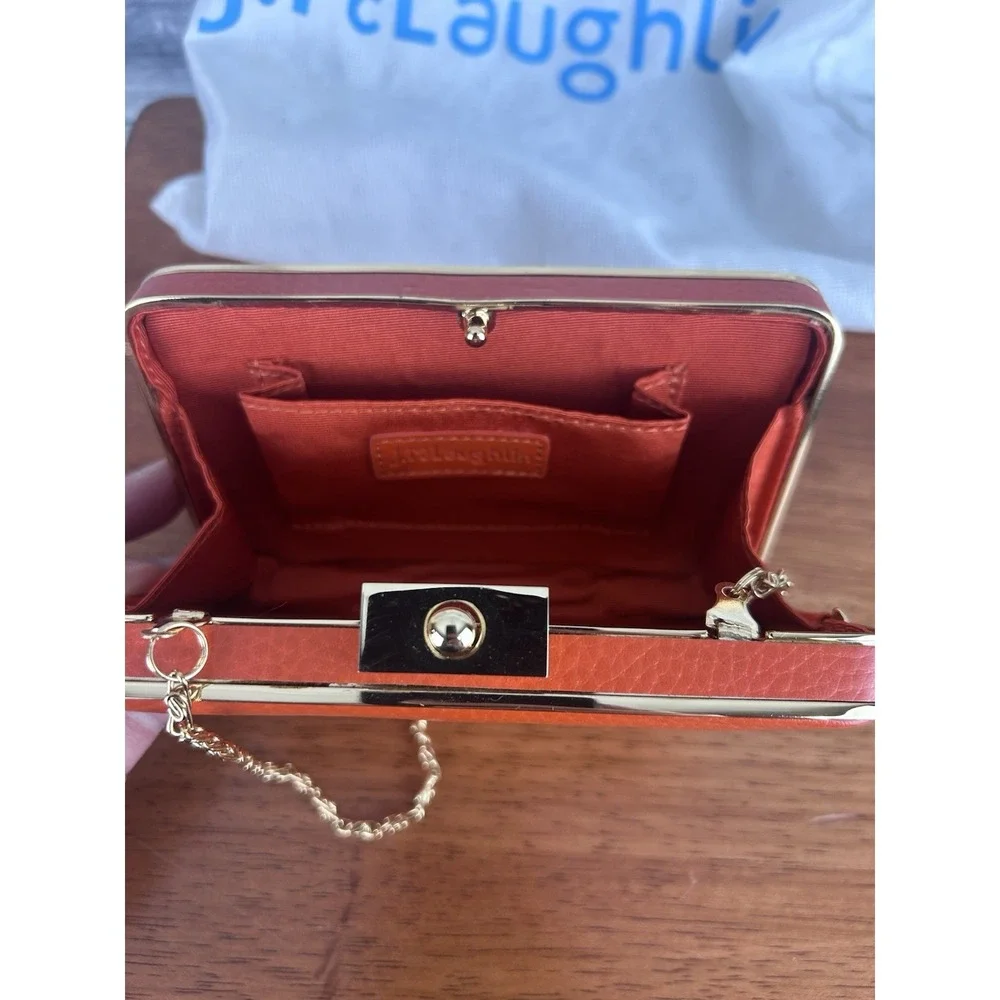 J McLaughlin Vintage Orange Pebbled Leather Box Clutch Gold Frame Chain Bag